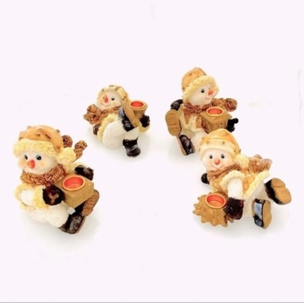 4x Snowman Candle Holder Ceramic Gold Glitter Christmas Decor Set 4